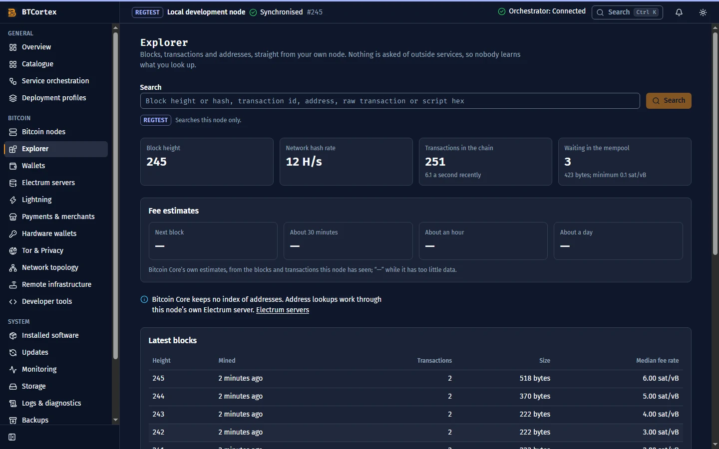 The BTCortex block explorer displaying real blocks from the local Bitcoin Core regtest node.