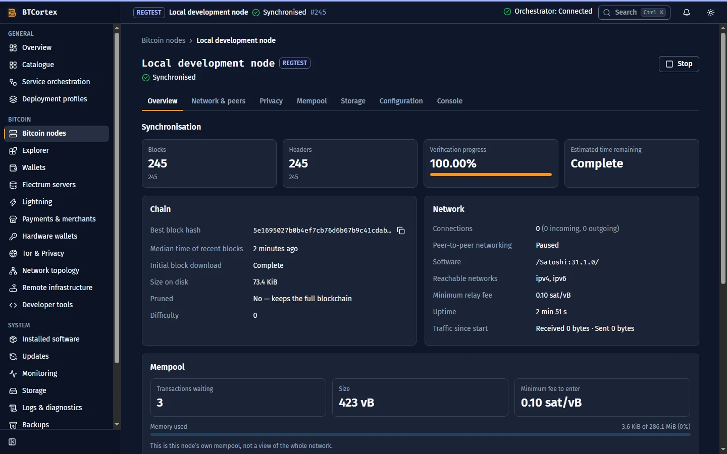 BTCortex node workspace showing a running Bitcoin Core regtest node, synchronisation status and live node metrics.
